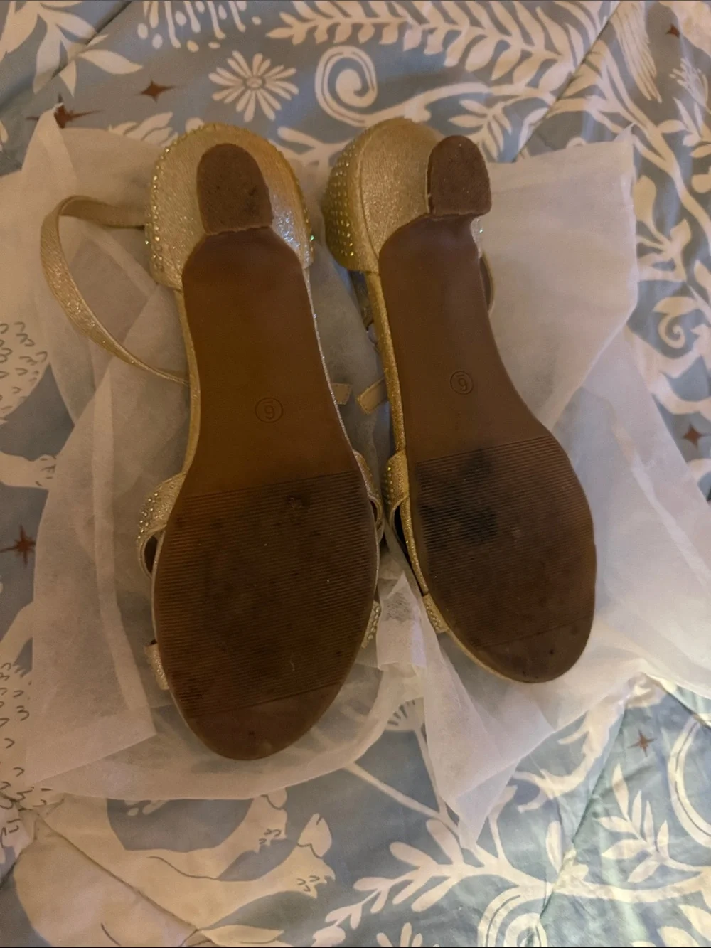 Girls' Gold T-Strap Dress Sandals with Bow and Rhinestones